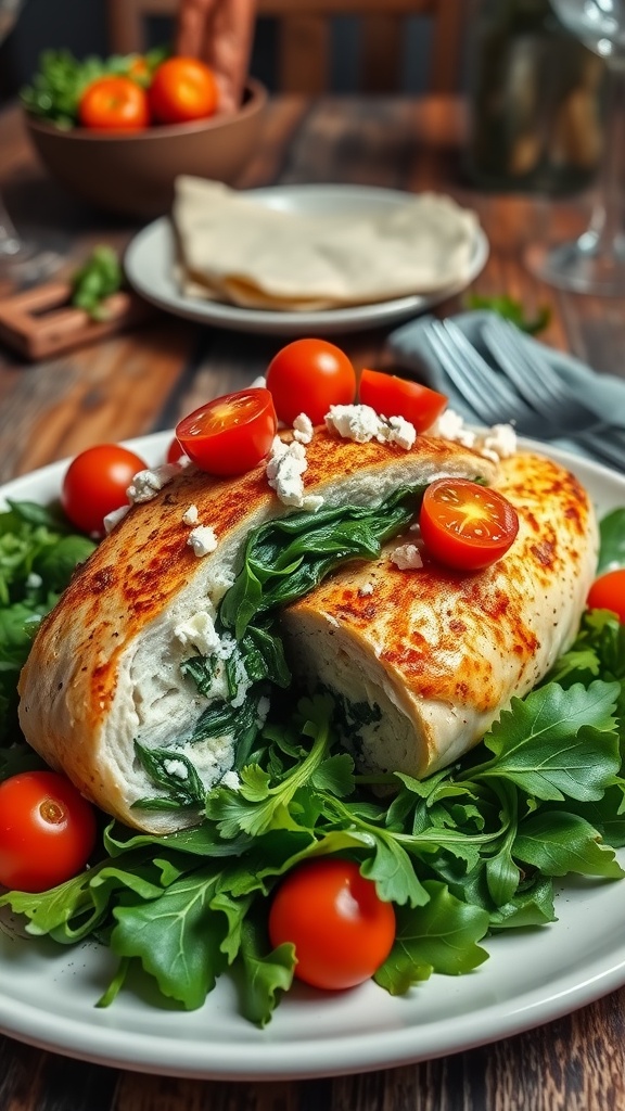 Stuffed chicken breast with spinach and feta, garnished with cherry tomatoes on a rustic table.